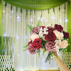 Artificial Fake Flowers 26pcs Roses, Mixed White & Burgundy Faux Flower for DIY Wedding Bouquet Bridal Shower Centerpieces Floral Arrangements Party Table Home Decorations