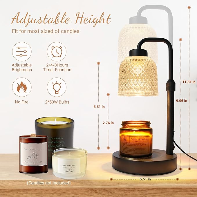 AIFEI Candle Warmer Lamp with Timer, Dimmable Adjustable Height Candle Lamp, Birthday Gifts for Women Mom Sister Friends, House Warming Gifts New Home, Candle Lamp Warmer with 2 Bulbs - CoalBlack