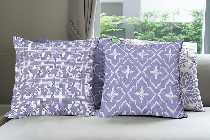 Ambesonne Vintage Throw Pillow Cushion Case Pack of 4, Monochrome Design Grid Trellis Quatrefoil Mesh and Dahlia Flowers Modern Print, Modern Accent Double-Sided Digital Printing, 20", Lavender White