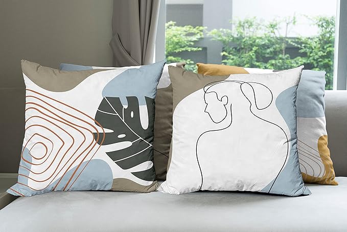 Ambesonne Minimal Throw Pillow Cushion Case Pack of 4, Modern Line Art Woman Portrait with Contemporary Leafy Geometric Details, Modern Accent Double-Sided Digital Printing, 18", Baby Blue Taupe Amber