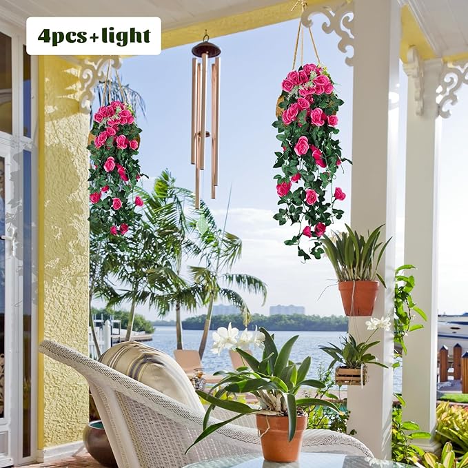RECUTMS 2PCS Artificial Hanging Flowers 3.3Ft Fake Flower Plants for Home Room Garden Wedding Indoor Outdoor Decoration (Rose Red)