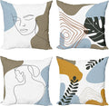 Ambesonne Minimal Throw Pillow Cushion Case Pack of 4, Modern Line Art Woman Portrait with Contemporary Leafy Geometric Details, Modern Accent Double-Sided Digital Printing, 20", Baby Blue Taupe Amber