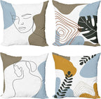 Ambesonne Minimal Throw Pillow Cushion Case Pack of 4, Modern Line Art Woman Portrait with Contemporary Leafy Geometric Details, Modern Accent Double-Sided Digital Printing, 20", Baby Blue Taupe Amber
