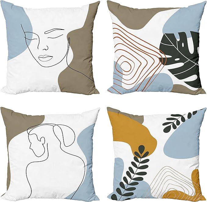 Ambesonne Minimal Throw Pillow Cushion Case Pack of 4, Modern Line Art Woman Portrait with Contemporary Leafy Geometric Details, Modern Accent Double-Sided Digital Printing, 20", Baby Blue Taupe Amber
