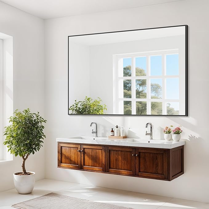 Antok Bathroom Mirror,48"x32" Wall Mirror, Decorative Mirrors Vanity Mirror Aluminum Alloy Frame Contemporary Hanging Mirror for Living Room Bathroom Entryway,Black,Rect Corner