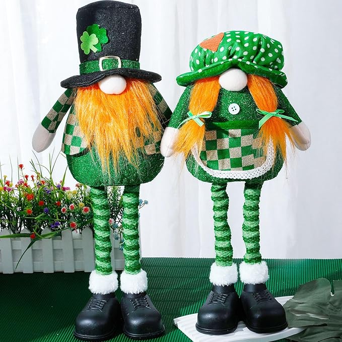 Standing St.Patrick's Day Gnome Plush Doll with Retractable Legs Nordic Scandinavian Swedish Dwarf Gnome Figurines Wearing Glitter Clothes & Black Boots Lucky Green Shamrock Irish Table Decor (B)