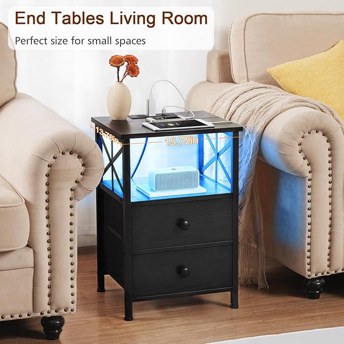 AMHANCIBLE Nightstand with Fast Charging Station, End Table Living Room with USB Charger 3-Port & 2-Power Outlet, Bedside Table with Fabric Drawers for Bedroom HET052LBK1