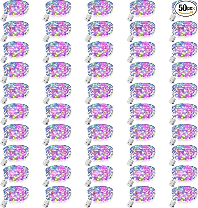 50 Pack Fairy Lights Battery Operated - 3 Speed Modes, 7Ft 20 LED String Twinkle Lights, Waterproof Copper Wire, Mini Firefly Light for Mason Jars Vases Christmas Decor, Multi-Colored