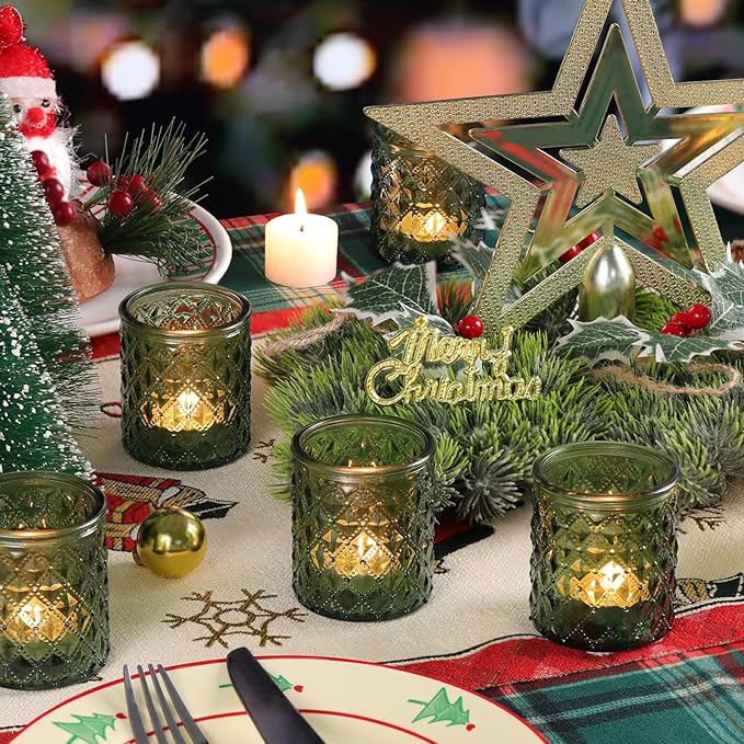 36 Pcs Green Votive Candle Holders, Green Tea Light Holders for Wedding and Dining Holiday Table Decor, Glass Candle Holders for Christmas Home Decoration, Vintage Parties and Gifts