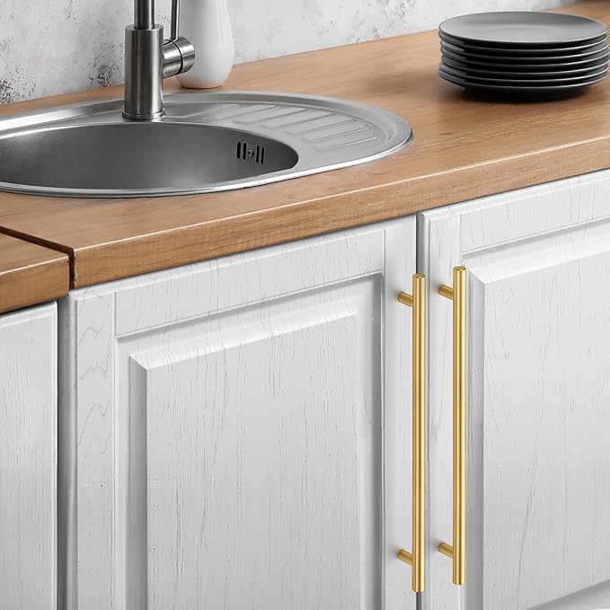 JOY DECOR 5 Pack Cabinet Handles, Gold Cabinet Pulls, 10 in Hole Center Kitchen Cabinet Handles, Stainless Steel T Bar Handles for Dresser Drawers