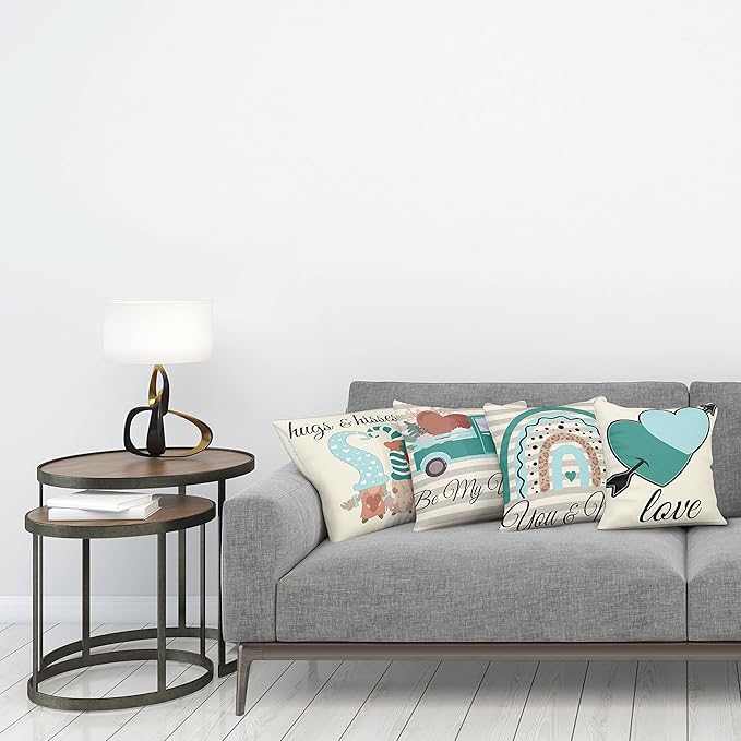 Ambesonne Romantic Throw Pillow Cushion Case Pack of 4, Love Hearts Arrow You and Me Be My Valentine Hugs Kisses Lettering, Modern Accent Double-Sided Digital Printing, 18", Teal Ivory Pale Eggshell