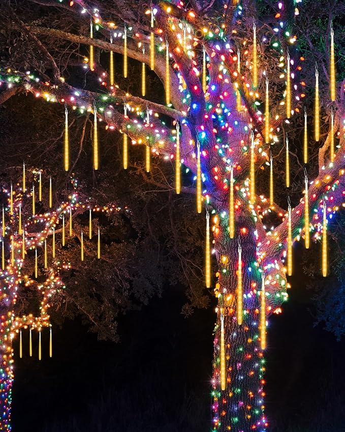 Joomer Christmas Lights Outdoor, 11.8 inch 10 Tubes 240 LED Meteor Shower Lights, LED Snow Falling Icicle Cascading Light with Timer Waterproof and Connectable for Christmas Decoration (Warm White)