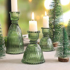 6 Pcs Green Glass Candlestick Holder (3.5"/6", Assorted)- Tall Taper Candle Holders with Vintage Design, Candle Stick Holders in Bulk for Party Decorations, Green Candle Holder for Tapered Candles