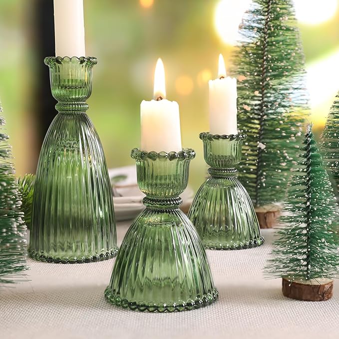 6 Pcs Green Glass Candlestick Holder (3.5"/6", Assorted)- Tall Taper Candle Holders with Vintage Design, Candle Stick Holders in Bulk for Party Decorations, Green Candle Holder for Tapered Candles