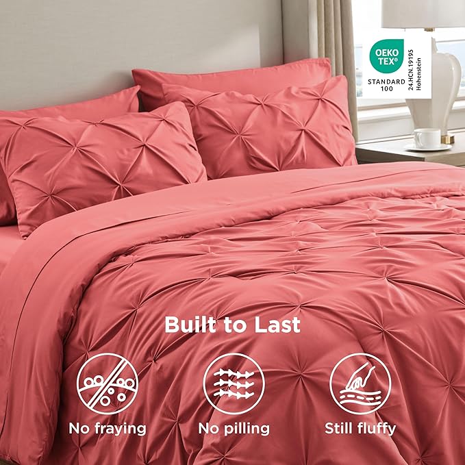 Bedsure Twin Comforter Set Coral Red - Bed in a Bag Twin Size Bedding 5 Pieces, GentleSoft™ Pintuck Bed Set Gift for Family, Pinch Pleat Coral Red Comforter with Sheets, Pillowcase & Sham