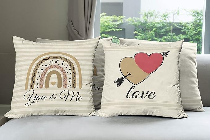 Ambesonne Romantic Throw Pillow Cushion Case Pack of 4, Love Hearts Arrow You and Me Be My Valentine Hugs Kisses Lettering, Modern Accent Double-Sided Digital Printing, 20", Ivory Camel and Dark Pink