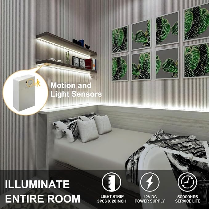 Battery Powered LED Strip Lights, COB Motion Sensor LED Strip Lights 20 inch x 3 Pack for Kitchen Under Cabinet Lighting, Shelves, Under Counter, Closet, Cordless Click Light, Cool White 6000K