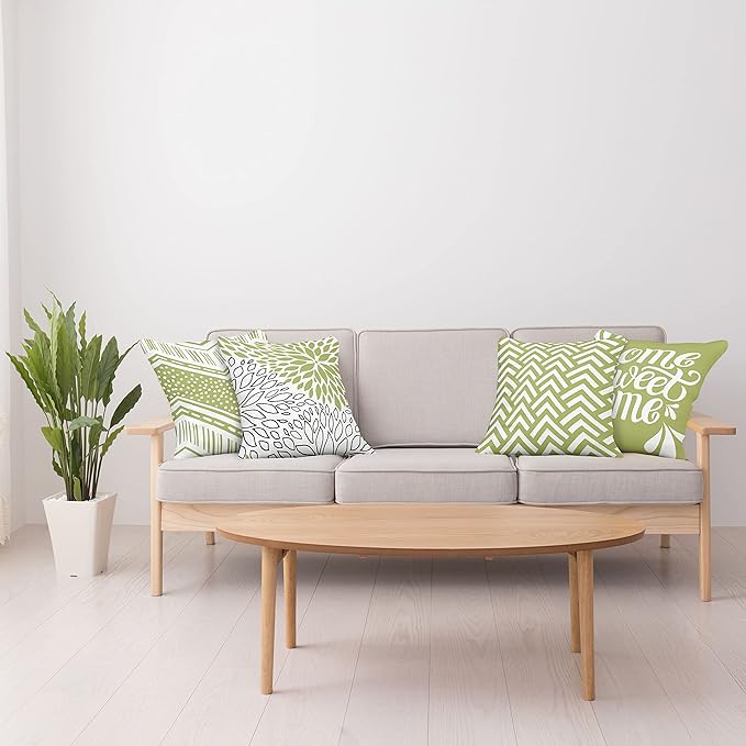 Ambesonne Geometric Throw Pillow Cushion Case Pack of 4, Home Phrase Minimal Zigzag Squama Dahlia Flower Petals Chevron Tribal, Modern Accent Double-Sided Digital Printing, 16", Green and White