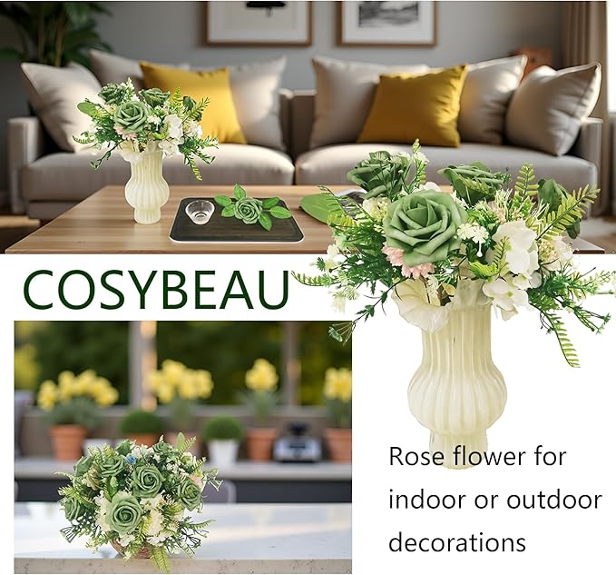 Artificial Rose Flowers 25pcs, Military Green Foam Fake Rose Faux Flower for Wedding Bouquets Bridal Shower Centerpieces Floral Arrangements Home Decorations Party Backdrops Table