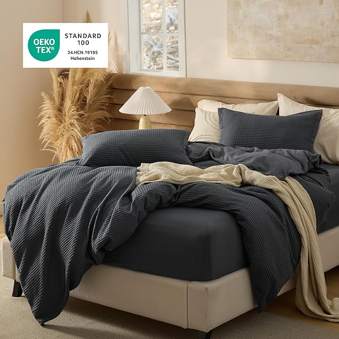 Bedsure 100% Cotton Duvet Cover Queen Size with Fitted Sheet - 4 Pieces Charcoal Waffle Weave Bedding Set, GentleSoft™ and Breathable, Includes 1 Duvet Cover 90x90, 1 Fitted Sheet, 2 Pillow Shams