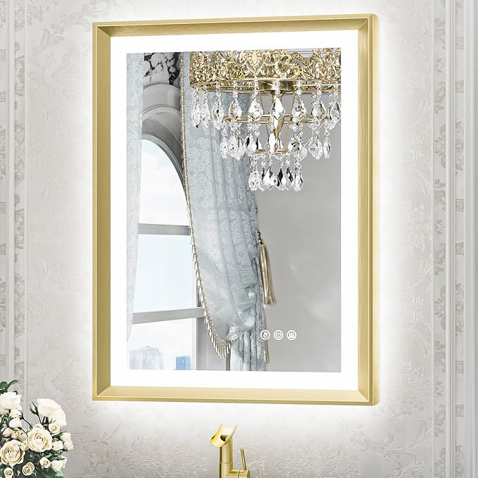 TETOTE Gold LED Mirror for Bathroom 20x28 Metal Frame Frontlit & Backlit Lighted Vanity Mirror Baroque Anti Fog Stepless Dimmable White/Warm/Natural,CRI90+,Wall Mounted(Horizontal/Vertical)