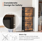 Crestlive Products Vertical Dresser Storage Tower - Sturdy Steel Frame, Wood Top, Easy Pull Fabric Bins - Organizer Unit for Bedroom, Hallway, Entryway, Closets - 5 Drawers(Rustic Brown)