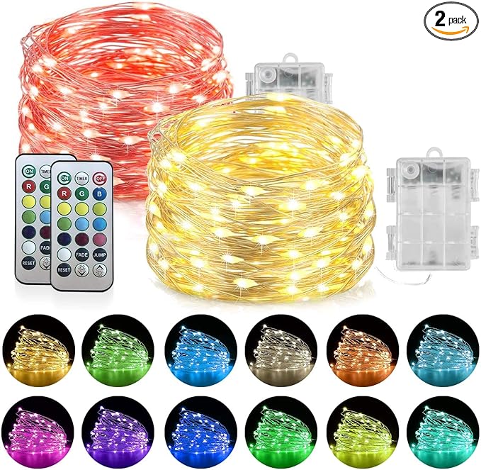 Homemory 2 Pack Color Changing Fairy Lights Battery Operated, 20Ft 60LEDs RGB Fairy String Twinkle Lights with Remote, Waterproof Silver Wire for Halloween Decor-13 Colors