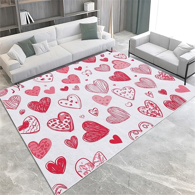 Area Rugs for Living Room 5x8 ft Cartoon Hand-Painted Red Love Washable Area Rug, Non Slip Floor Carpet, Ultra Soft Low Pile Rugs, for Bedroom, Dining Room, Office, Home Decor Rug