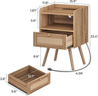 SUPERJARE Nightstands Set of 2, Night Stands with Charging Station & PE Rattan Decor Drawer, Bed Side Tables with Solid Wood Feet, End Table, for Bedroom, Living Room, Walnut