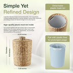 2 Gallons Wicker Waste Basket - Water Hyacinth Bathroom Garbage Can with a Lid - Bathroom Trash Can Boho Style - Wicker Trash Can with Lid for Household, Kitchen - Removable Liner, Iron Frame