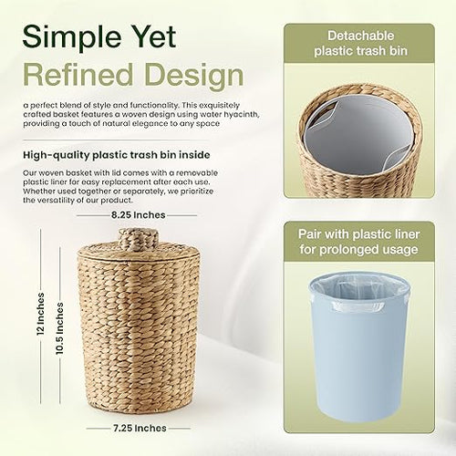 2 Gallons Wicker Waste Basket - Water Hyacinth Bathroom Garbage Can with a Lid - Bathroom Trash Can Boho Style - Wicker Trash Can with Lid for Household, Kitchen - Removable Liner, Iron Frame