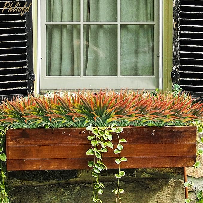 32Pcs Artificial Grass Fake Plants 17.3in Outdoor Plastic Plants UV Resistant Greenery Fake Grass for Home Window Garden Office Patio Hanging Planter Pathway Front Porch Décor Red