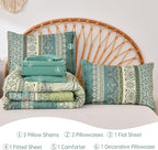 Cottolester Boho Queen Comforter Set 8 Pieces,Green Bohemian Comforter Paisley Striped Bed in A Bag,Soft Microfiber Bedding Set for All Season