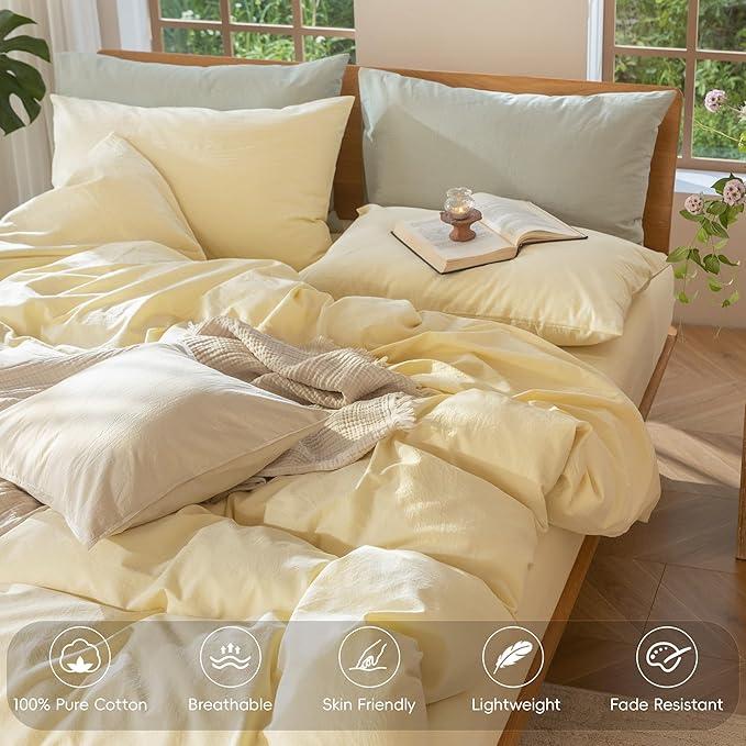 MooMee Bedding Duvet Cover Set 100% Washed Cotton Linen Like Textured Breathable Durable Soft Comfy (Heathered Butter Yellow, Cal King 104"x98")