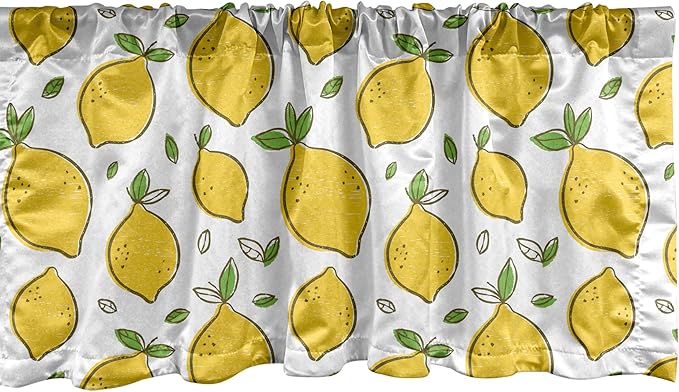 Ambesonne Lemons Window Valance Pack of 2, Continuous Citrus Fruits Leaves Refreshing Cartoon Pattern, Rod Pocket Curtain Valances for Kitchen Bedroom, 42" X 18", Lime Green Earth Yellow