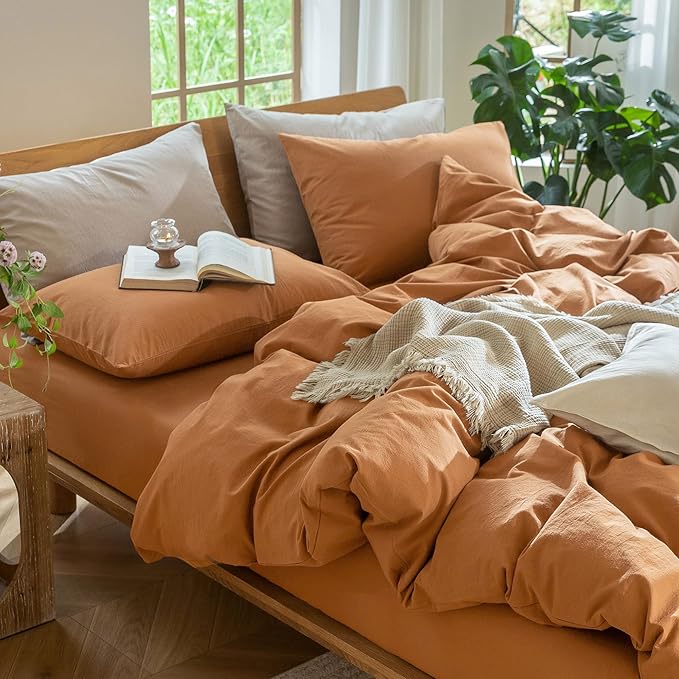 MooMee Bedding Duvet Cover Set 100% Washed Cotton Linen Like Textured Breathable Durable Soft Comfy (Solid Burnt Orange, Super King 108"x98")