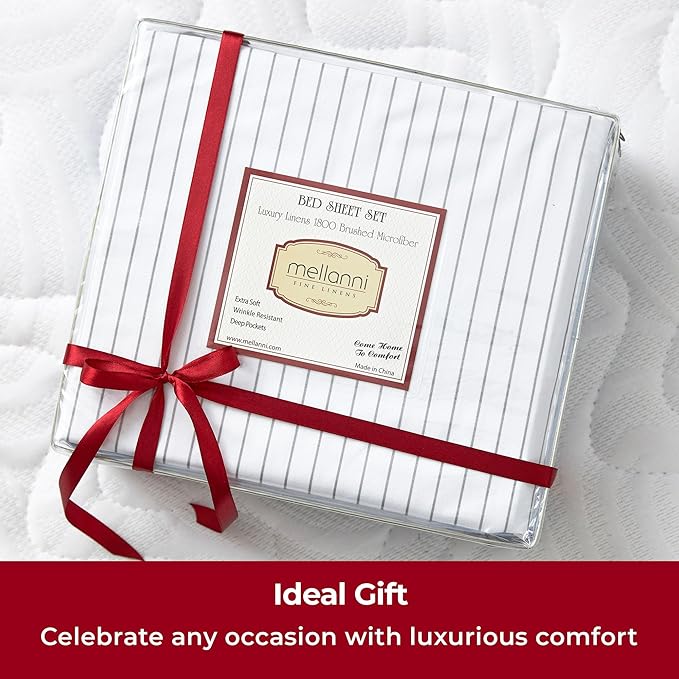 Mellanni Queen Sheets Set - 4 PC Iconic Collection Bedding - Hotel Luxury, Extra Soft, Cooling Bed Sheets - Wrinkle, Fade, Stain Resistant (Queen, Pin Stripe Gray)