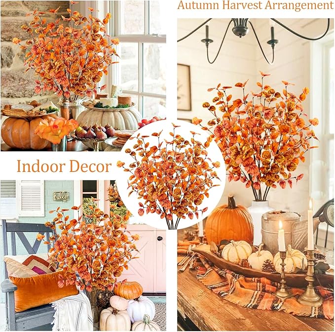 6pcs Artificial Fall Eucalyptus Leaves Stems 30" Faux Fall Leaf Fall Branches Autumn Decorations for Home Fall Floral Arrangements Farmhouse Table Centerpiece Decor
