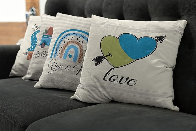 Ambesonne Romantic Throw Pillow Cushion Case Pack of 4, Love Hearts Arrow You and Me Be My Valentine Hugs Kisses Lettering, Modern Accent Double-Sided Digital Printing, 18", Ivory Blue and Olive Green