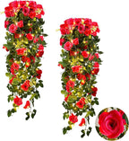 RECUTMS 2pcs Artificial Hanging Plants 32 in Fake Plant Ivy Vine Outdoor UV Resistant Plastic (Rose red)