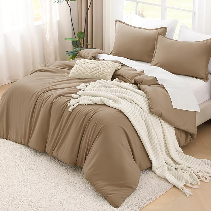Litanika Taupe Comforter Set Full Size, 3 Pieces Solid Bedding Comforter Set, All Season Fluffy Bed Set (79x90In Comforter & 2 Pillowcases)