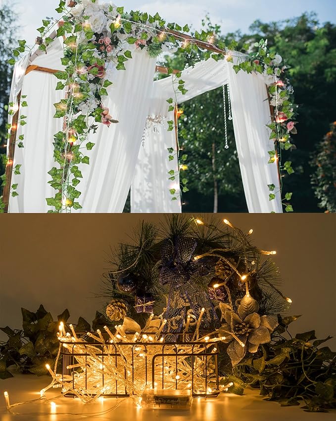 JACKYLED 84Ft 12 Pcs Artificial Ivy Garland Fake Vines with 65ft 200 LED String Lights and Remote Control Faux Hanging Leaves