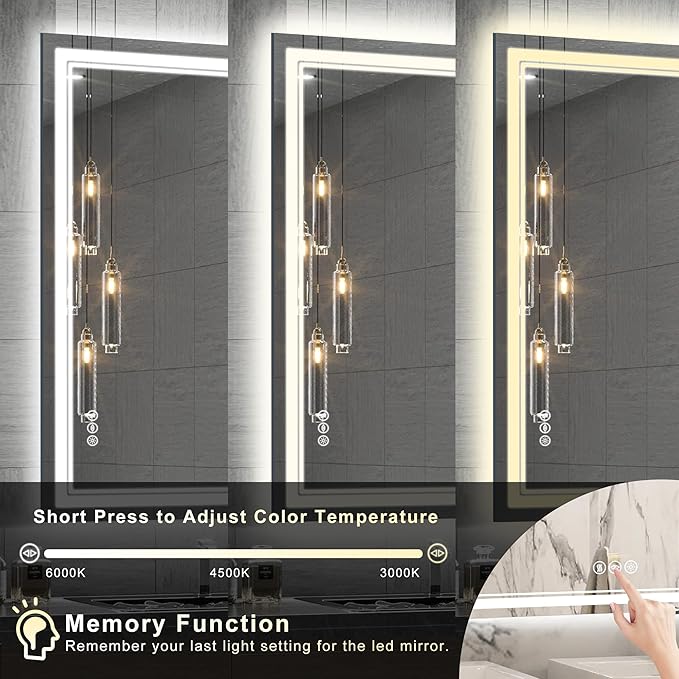 36''x36'' Lighted Mirrors for Bathroom Wall Backlit + Front Lit, Rectangular LED Bathroom Mirror Frameless with Lights Anti Fog, Dimmable, 3 Colors,Tempered Glass, Shatter-Proof