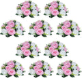 NUPTIO 10 Pieces Pink White Fake Flower Ball Arrangement Bouquet 15 Heads Plastic Roses with Base, Suitable for Wedding Centerpiece Flower Rack for Parties Home Décor