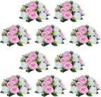 NUPTIO 10 Pieces Pink White Fake Flower Ball Arrangement Bouquet 15 Heads Plastic Roses with Base, Suitable for Wedding Centerpiece Flower Rack for Parties Home Décor