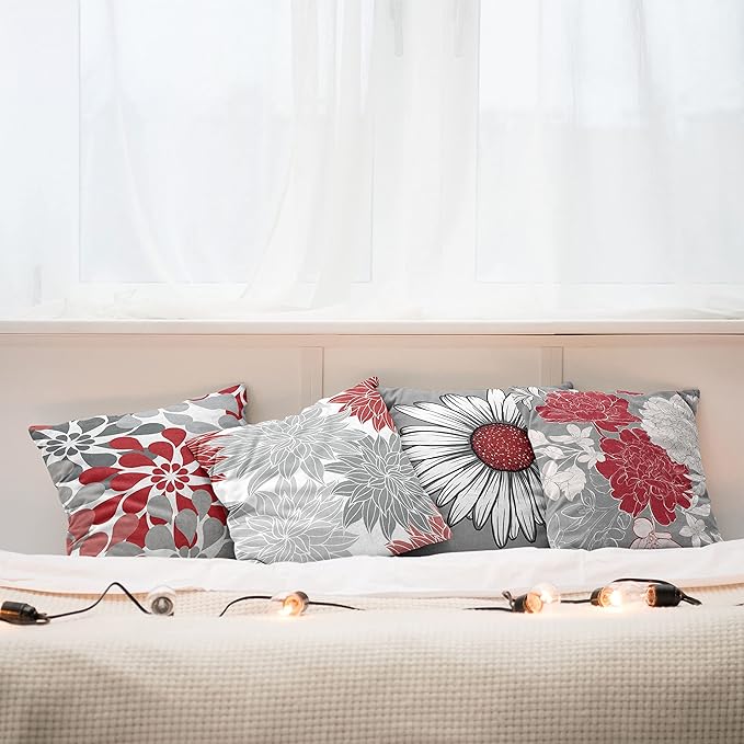 Ambesonne Floral Throw Pillow Cushion Case Pack of 4, Flower Petals Modern Color Palette Chamomile Peony Dahlia and Sunflower Print, Modern Accent Double-Sided Digital Printing, 16", Grey Dark Pink