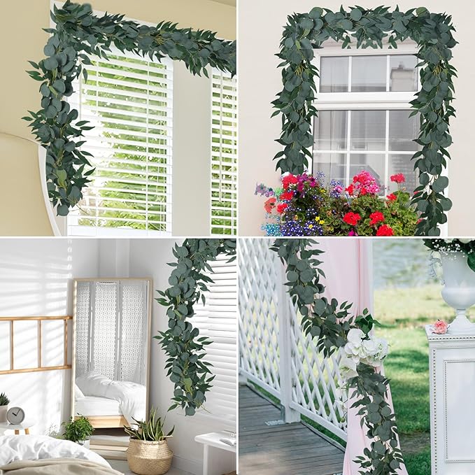 RECUTMS 2Pack Artificial Eucalyptus Garland with Willow Leaves 6Feet Fake Hanging Plant Silk Eucalyptus Willow Leaves Ivy Garland Faux Greenery for Indoor Outdoor Wedding Party Home Table Arch Decor