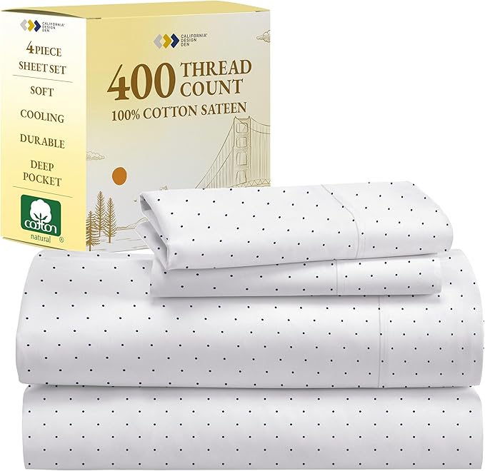 California Design Den California King Sheet Sets - 400 Thread Count Sateen, Natural 100% Cotton Bed Sheets Set, Deep Pocket Cooling and Durable Bedding - Polka Dot
