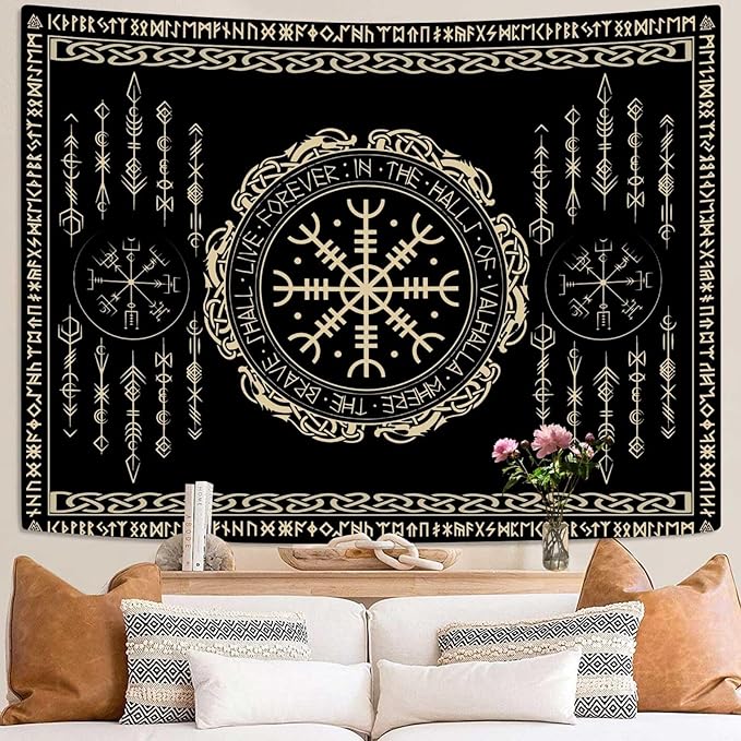 OSUNBD Nordic Vikings Tapestry Large 100x90inches Soft Flannel Vegvsir Symbol Amulet Celtic Rune Scandinavian Aesthetic Mythology Tapestry Wall Hanging for Bedroom Living Room Decor