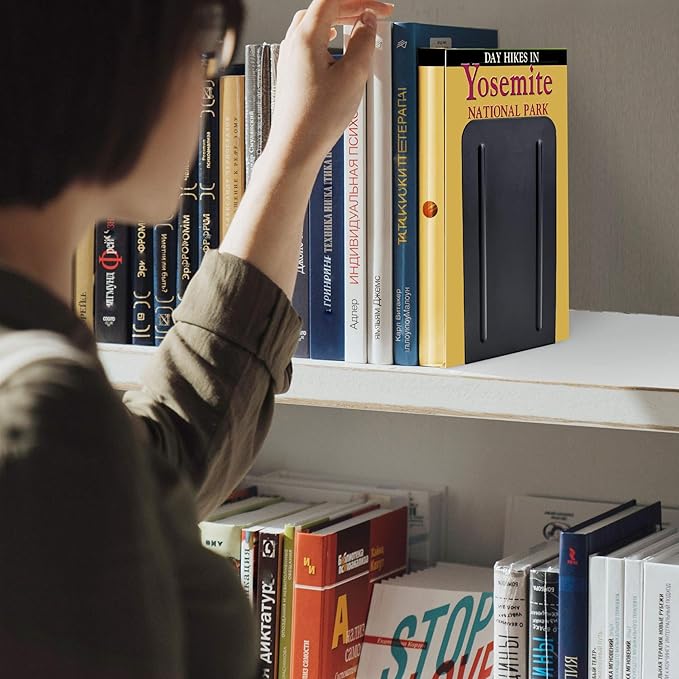 Acrimet Metal Bookends, Non-Skid Book Stand for Shelves, Heavy Duty Book Stopper, 6-7/8" H x 4" W x 4-1/2“ D, Black, 1 Pair
